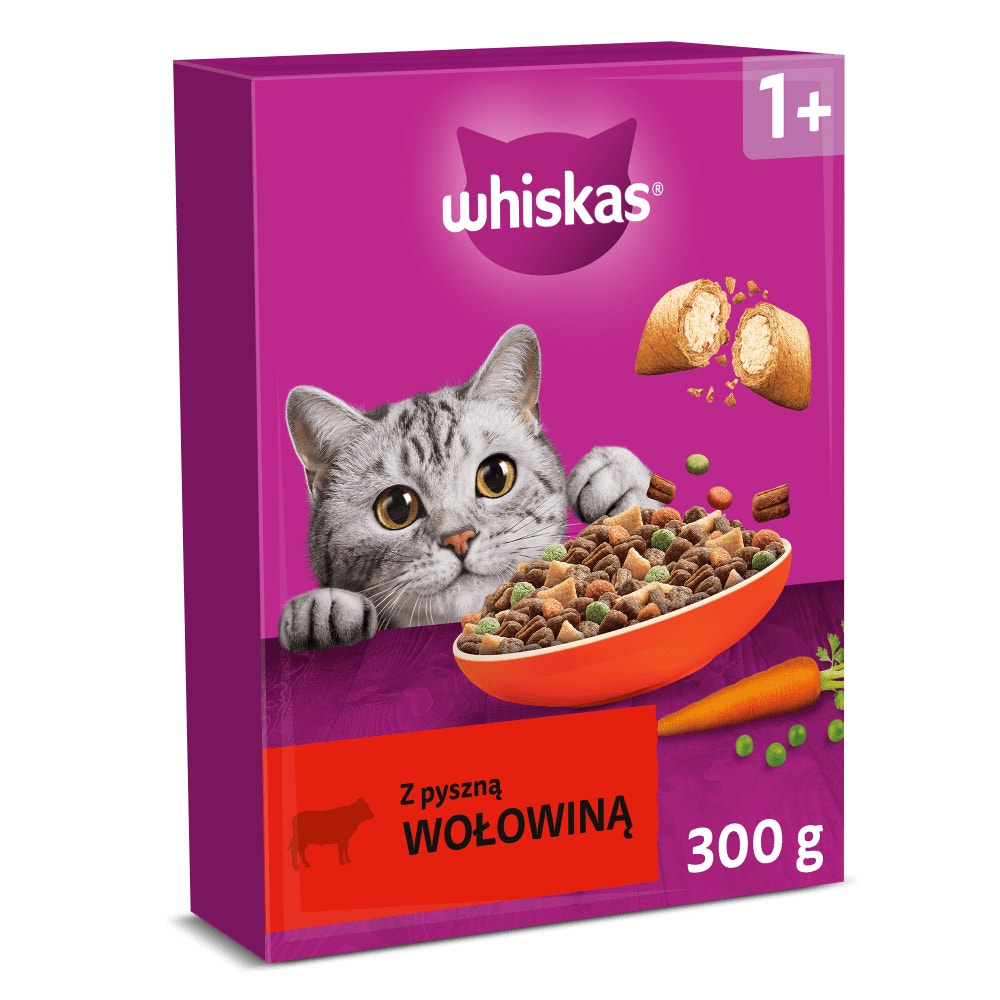 WHISKAS® Karma sucha z Wołowiną, 300 g, 1,4 kg, 1,9 kg, 3,8 kg & 14 kg - 1