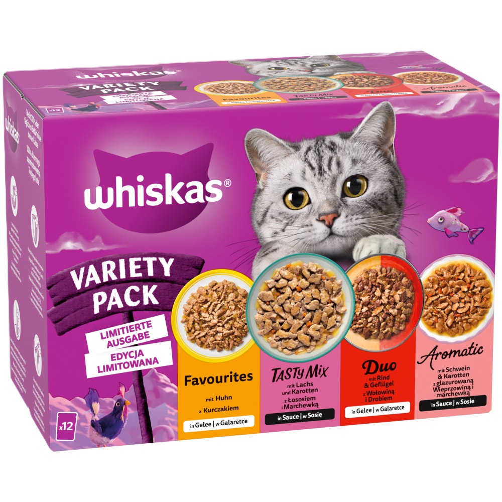 WHISKAS® Variety Pack Edycja limitowana, Wybór saszetek z karmą w sosie i galaretce 12, 40 & 80 x 85g - 1
